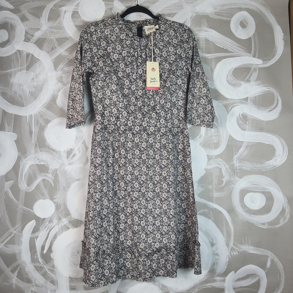 MATA TRADERS Cotton 3/4 Slv Dress Wmns Sz Sm Grey Floral NWT CottageCore Prairie